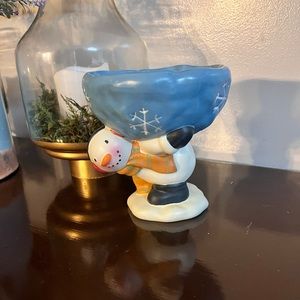 Snowman Candy Dish On Pedestal. Ceramic, Earthenware Hand-Painted.